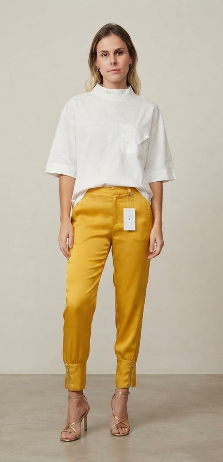 Calça jogger cetim mostarda