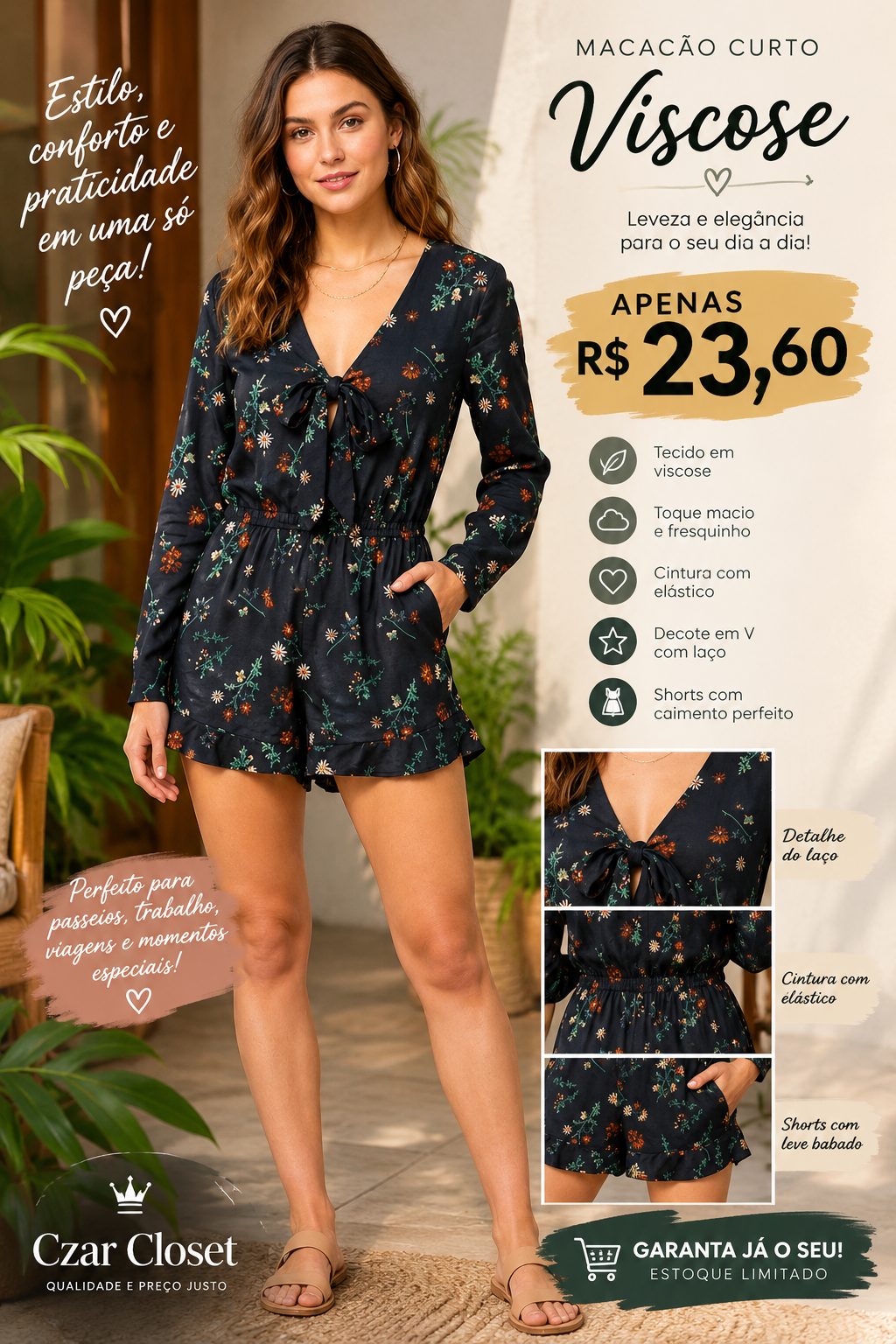 Macacão curto viscose floral