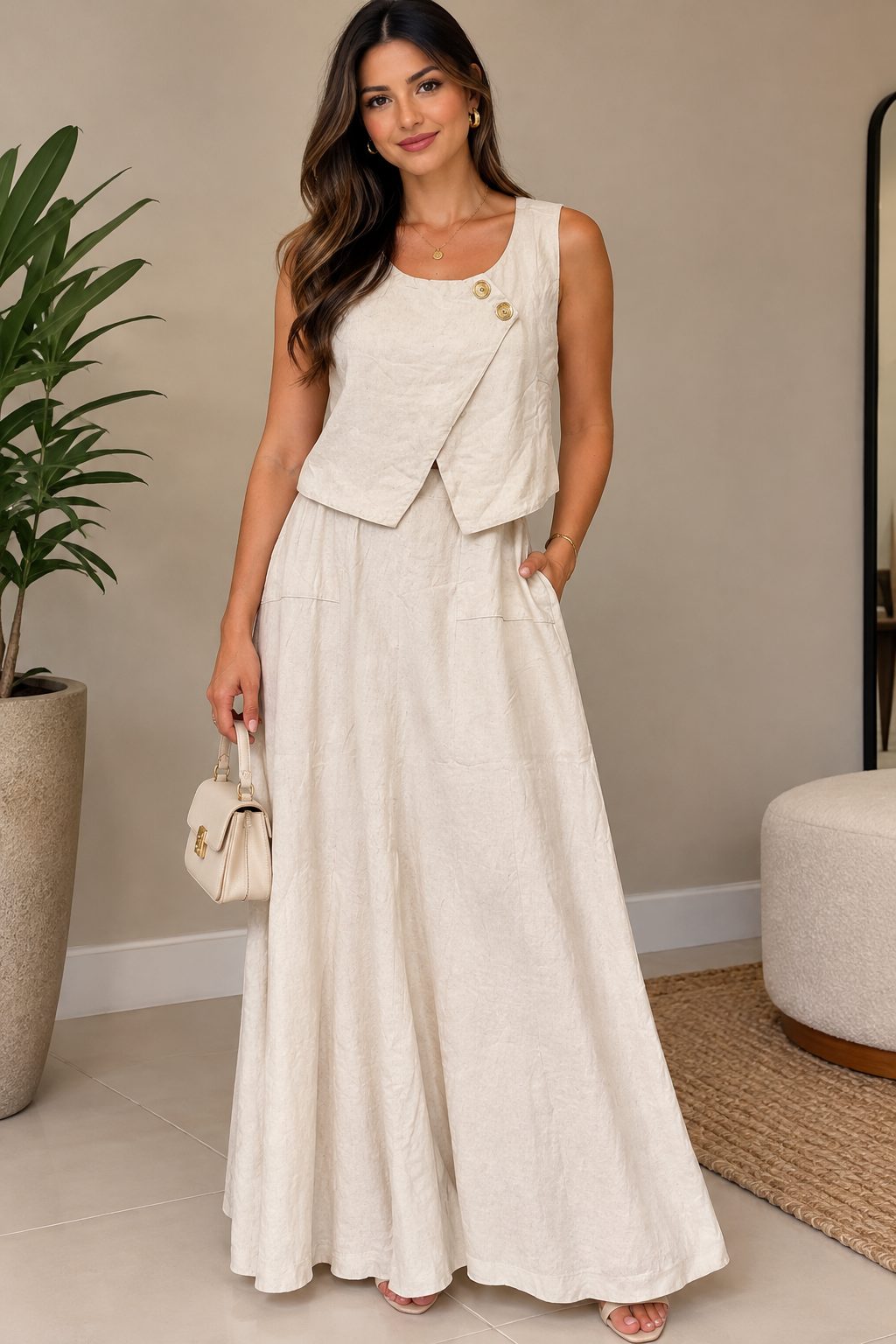 Conjunto longo com colete sobreposto
