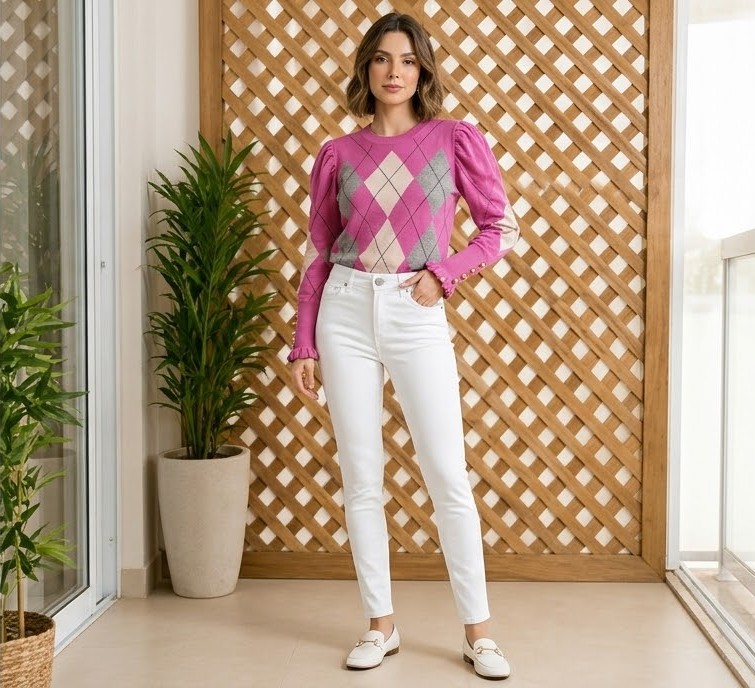 Suéter feminino xadrez argyle