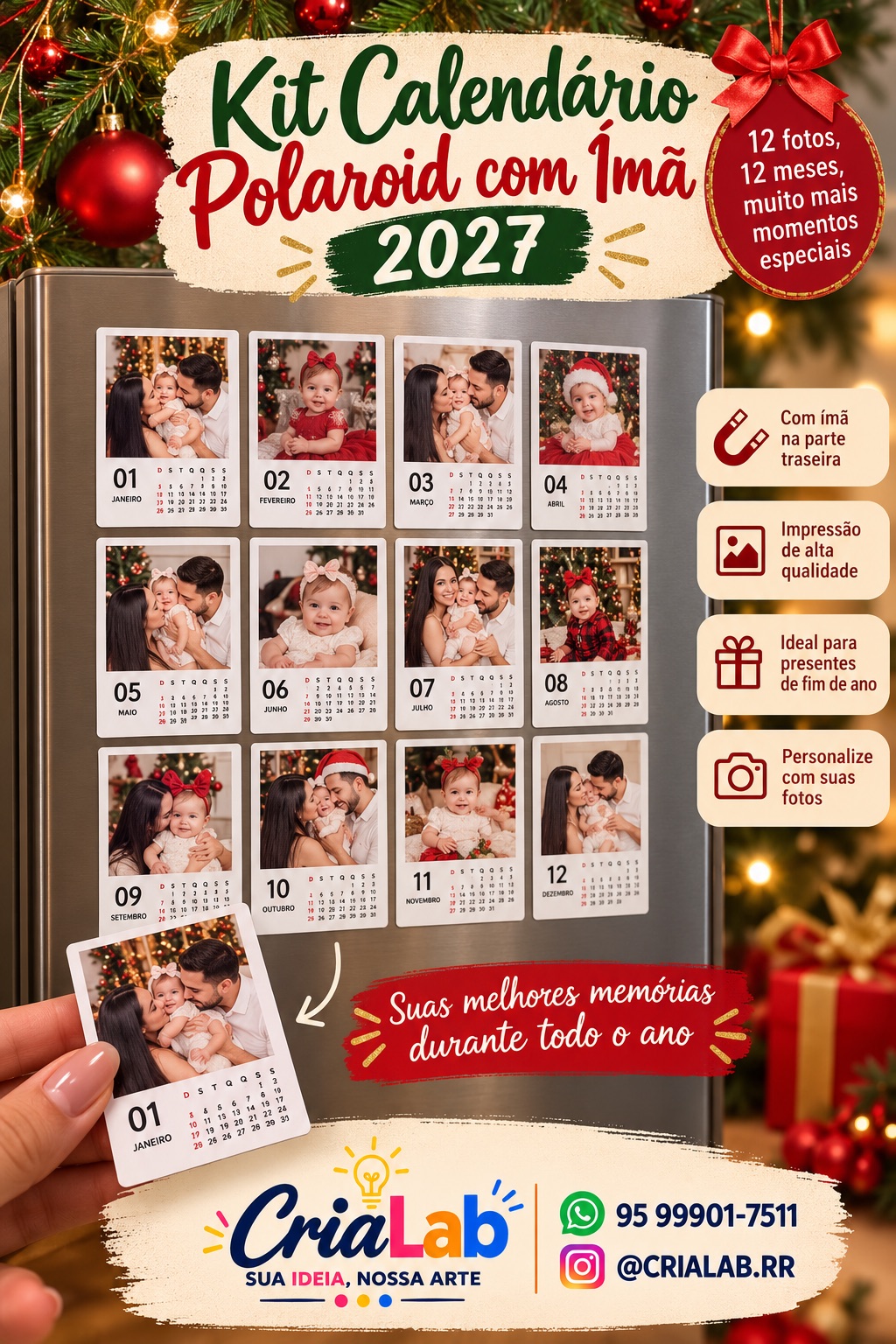 Kit calendário polaroid com ímã 2027